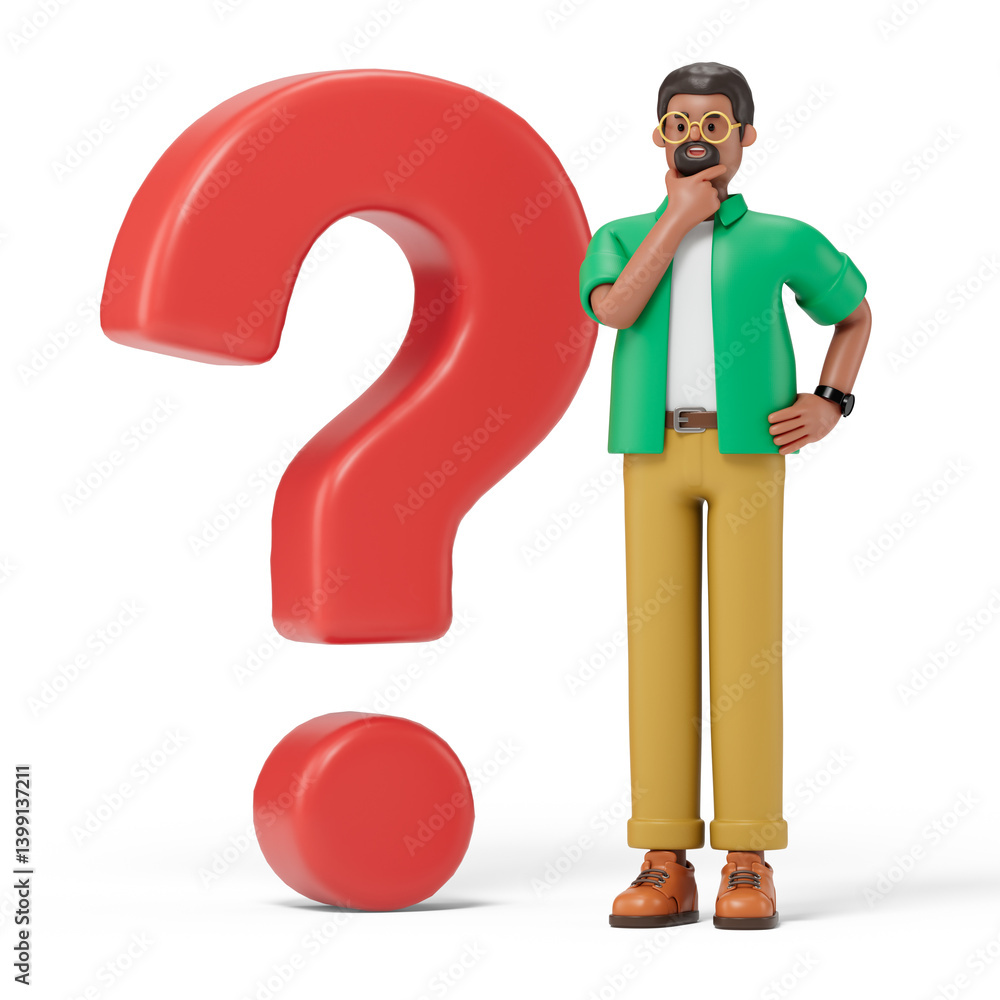 Poster man with hand on chin by a question mark, symbolizing critical thinking or problem-solving. 3d rende