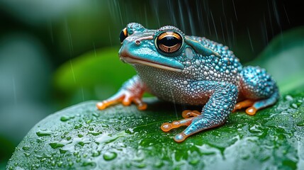 Fototapeta premium Vibrant Blue Frog Under the Rain