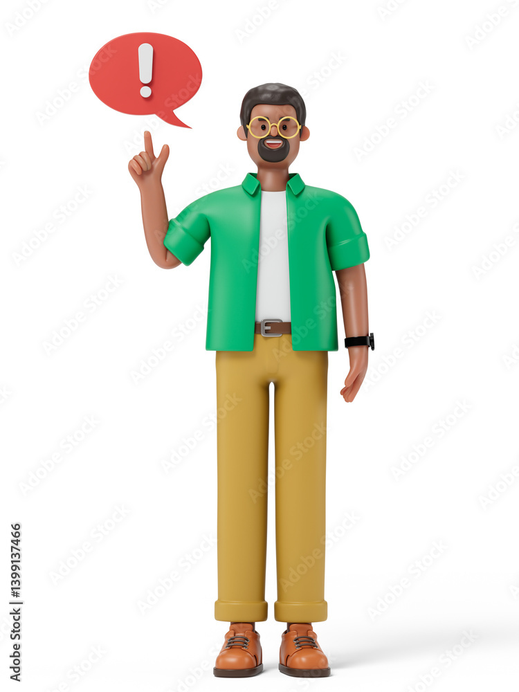 Poster man with exclamation bubble, symbolizing a sudden idea or realization. 3d rendering, conceptual imag
