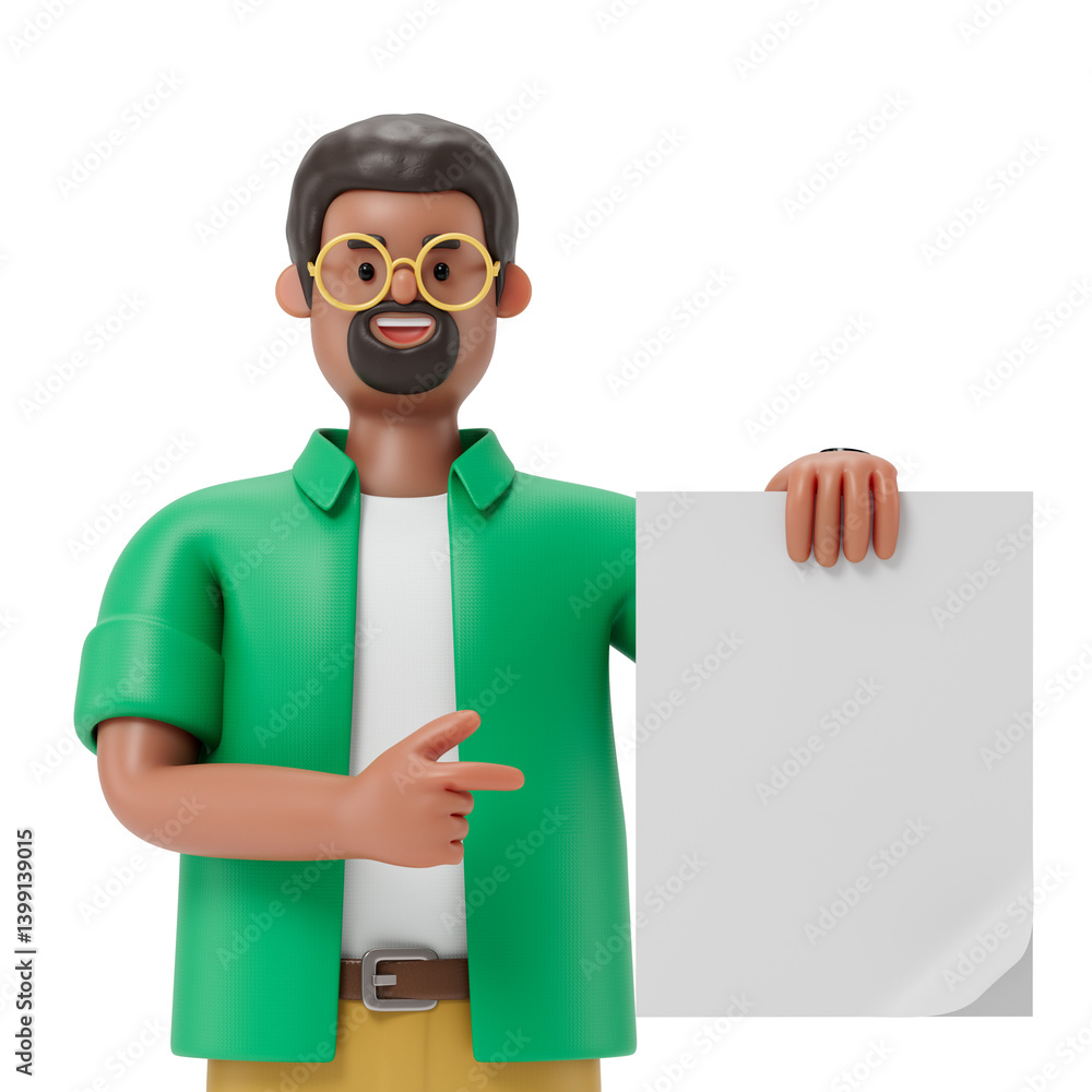 Poster man in business attire holds a blank paper, symbolizing the presentation of information or an open i