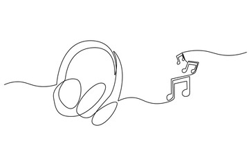 Obraz premium Continuous one line drawing of Headphones with music note. Single line drawing illustration of musical notes and headphones for web design. Music concept vector art. Doodle line illustration.