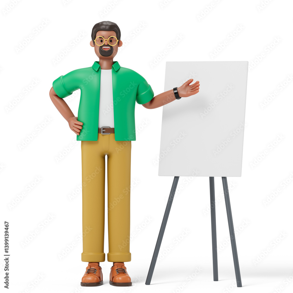 Poster a man stands with a blank white canvas, symbolizing the preparation for a presentation or the introd