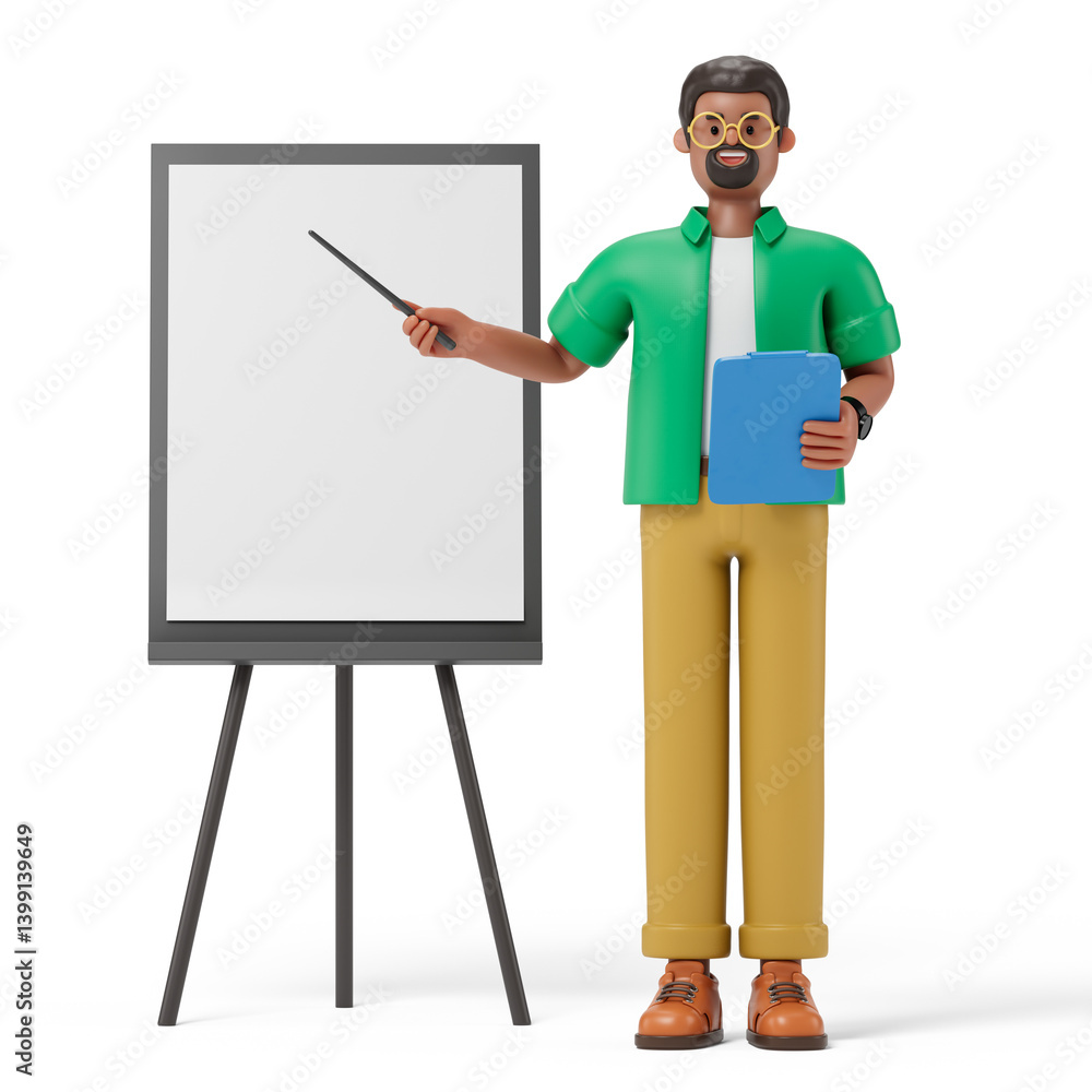 Poster a man with a blank whiteboard, holding a pointer in one hand and an orange folder in the other, symb