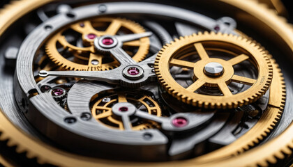 Intricate watch mechanism with golden gears and silver components showcasing craftsmanship