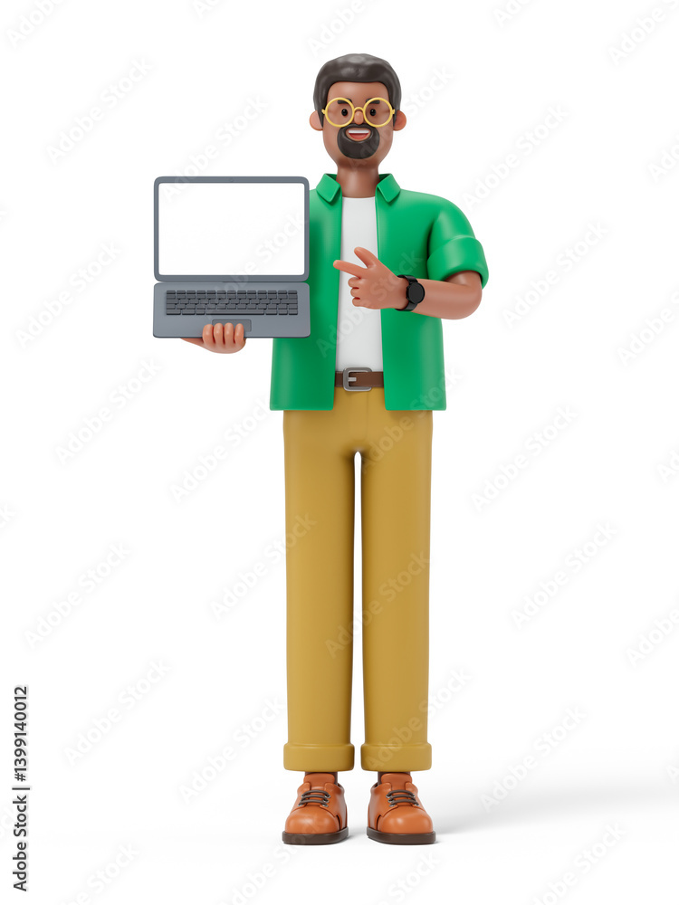 Poster a man holds a laptop with a blank screen, symbolizing the potential for sharing information or prese