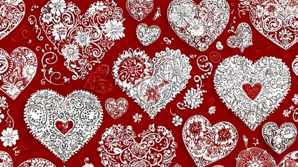 Intricate White Floral Hearts on Bold Red Background for Romantic Occasions and Designs