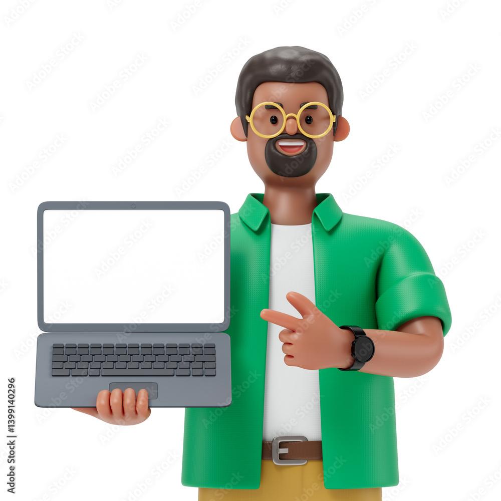 Poster a man holds a laptop with a blank screen, symbolizing the potential for sharing information or prese