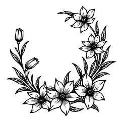 Elegant Floral Wreath Illustration: Black and White, Botanical Design
