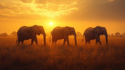 Fototapeta premium African elephants walking in golden savanna sunset