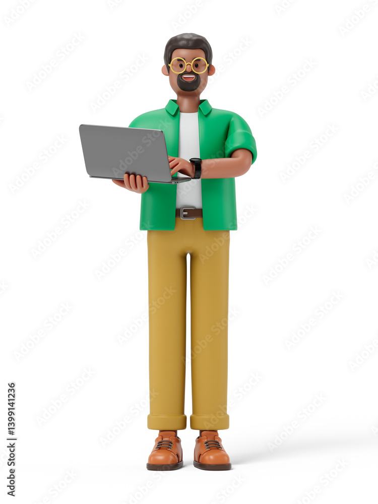 Poster a man holds a laptop with a blank screen in front of him, symbolizing the readiness to work, present