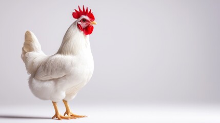 Serene White Chicken Stands Calmly on Light Background Poultry Bird Close Up Animal Farm Livestock Fowl