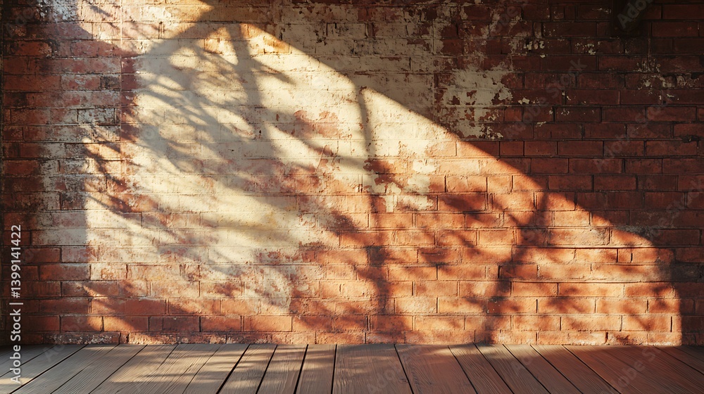 Aufkleber an empty room with exposed brick walls displaying dramatic shadows cast by sunlight, creating a warm
