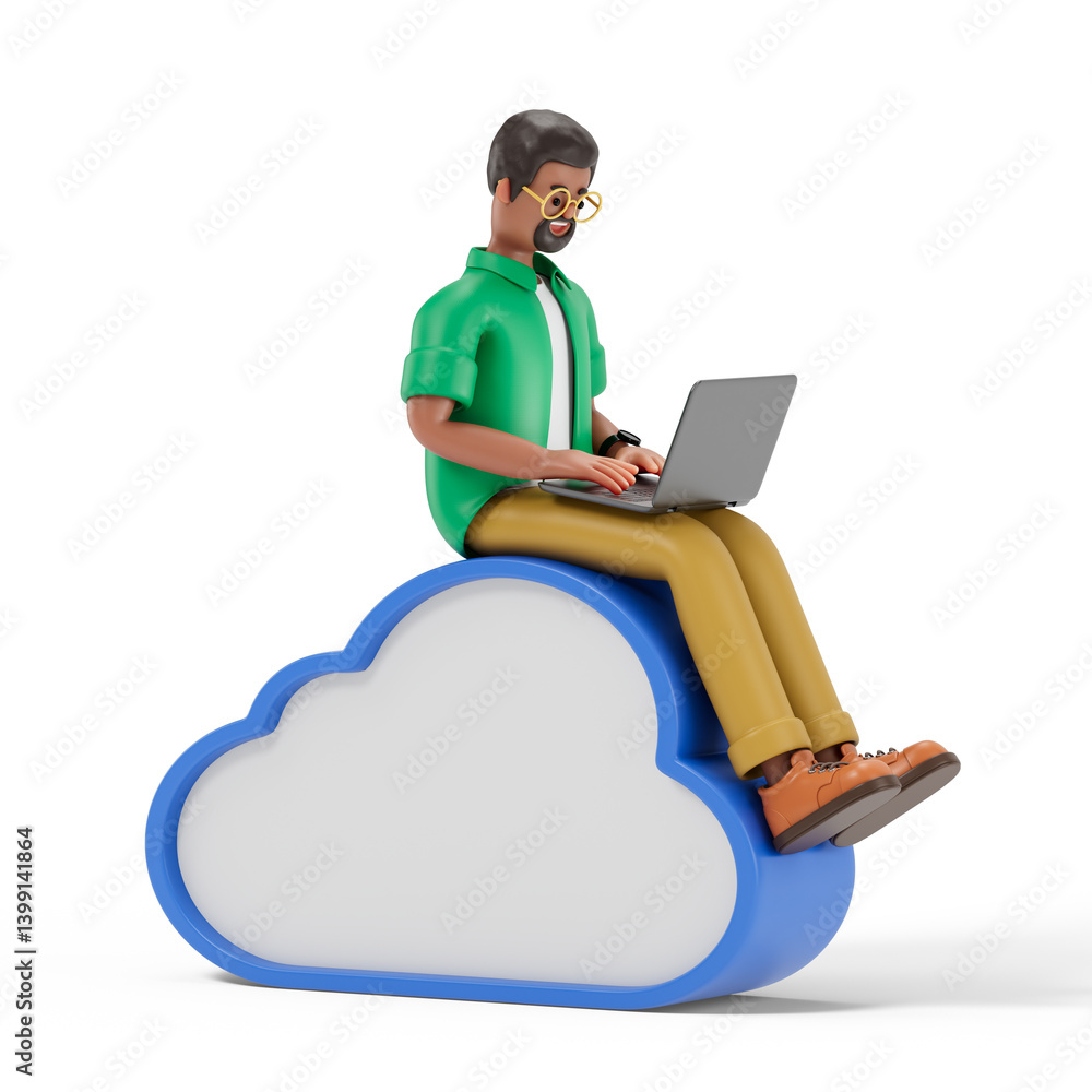 Poster a man sits on a stylized blue cloud while working on a laptop, symbolizing the concept of cloud comp
