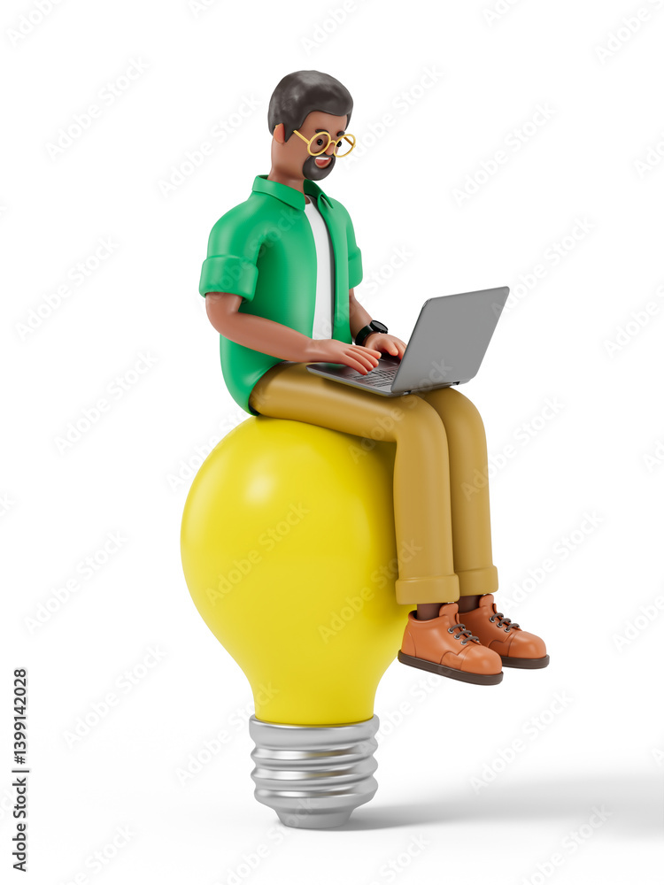 Poster a man sits on a large yellow light bulb while using a laptop, symbolizing innovative thinking or the