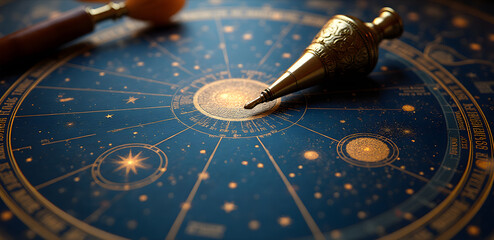 Gold-leaf star chart with astrolabe on indigo parchment. HD celestial map with nebula textures and lens flare effects.