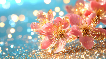 Springtime banner. Golden bokeh with pink cherry blossoms on a vivid blue backdrop