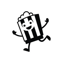 Black and white popcorn mascot with striped box and jumping pose.eps