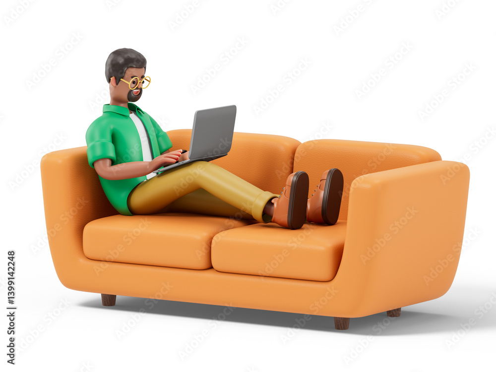 Poster a man lounges on a yellow sofa while using a laptop, symbolizing the comfort and flexibility of work