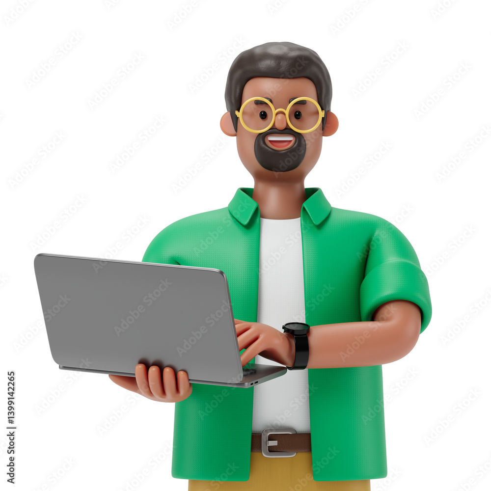 Poster a man holds a laptop with a blank screen in front of him, symbolizing the readiness to work, present