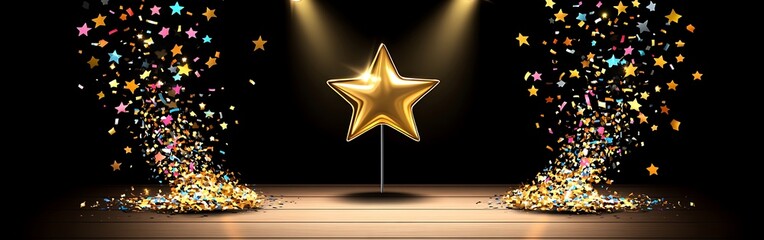 Golden star centerpiece with cascading confetti and spotlights on wooden stage