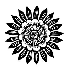Linocut Style Floral Mandala Illustration: Black and White, Decorative, Repeating Pattern.