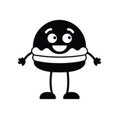 Black and white smiling burger mascot with arms and legs.