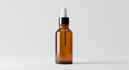 Amber dropper bottle for cosmetics or essential oils against white backdrop