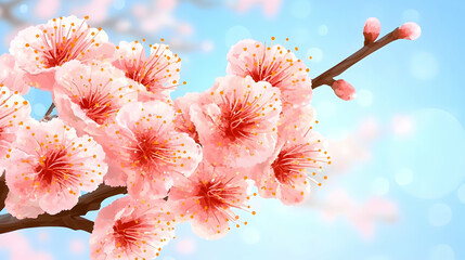 Springtime banner. Golden bokeh with pink cherry blossoms on a vivid blue backdrop