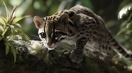 Fototapeta premium Ocelot Leopardus Pardalis Wildcat Cat Feline Mammal Wildlife Fauna Predator Carnivore Hunter Stalking Crouching