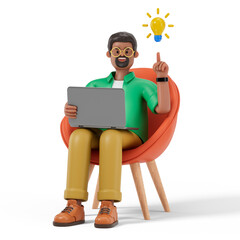 A man sits on an orange chair holding a laptop, with a light bulb above his head symbolizing a new idea or insight. 3D rendering, conceptual image. Isolated on white background.