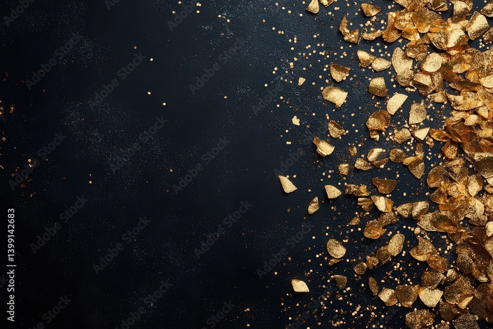 Poster flat lay of a black background adorned with golden confetti along the edges, creating a festive and 