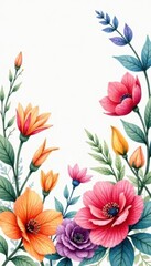 Watercolor floral arrangement with mixed blooms in summer, garden flowers, flowers
