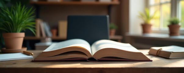 Three-sized book displays on a desk in a creative workspace, organizational tools, mockups, books