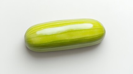 A fresh green cucumber with a slick, glistening surface and subtle ridges, placed on a clean, neutral background to highlight its texture and color