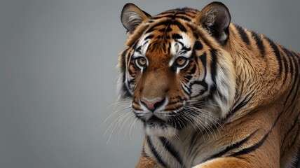 Fototapeta premium Striped Predator: Captive Tiger Portrait on Neutral Backdrop, Intense Gaze.