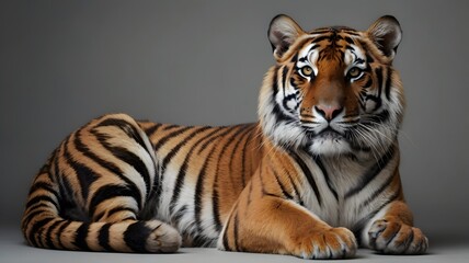 Obraz premium Striped feline portrait: Relaxed tiger gazing, studio lighting.