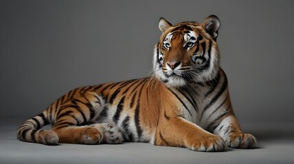 Fototapeta premium Striped predator, regal pose, amber eyes, relaxed on neutral background.