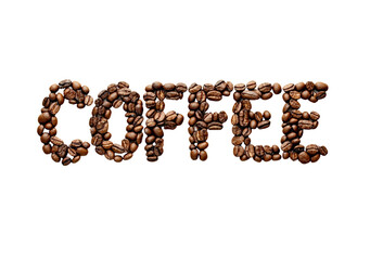 Coffee word written with coffee beans isolated on transparent background