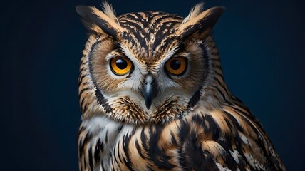 Fototapeta premium Intense Gaze: Eurasian Eagle-Owl Portrait, Striking Plumage, Amber Eyes on Dark Background