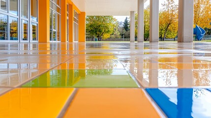 Vibrant tiled floor reflects autumn trees