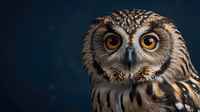 Golden-eyed owl portrait, focused gaze against dark blue, detailed plumage.