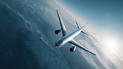 Fototapeta premium White commercial airplane flying in a blue sky with sun flare