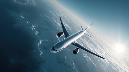 Fototapeta premium Aerial view of a large white twin-engine jet ascending through a clear blue sky with scattered clouds