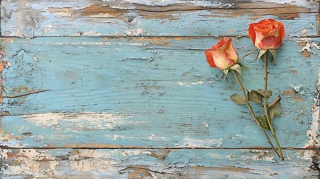 Fresh orange roses on rustic blue wooden background for artistic floral decoration