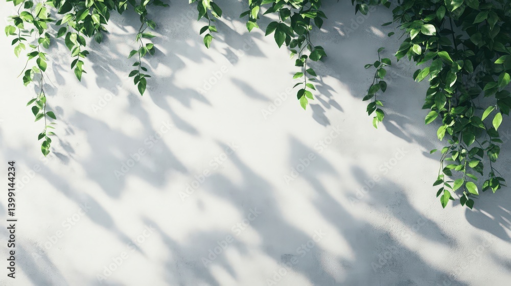 Poster 3d rendering of a white concrete wall adorned with green leaves, sunlight casting shadows. ideal for