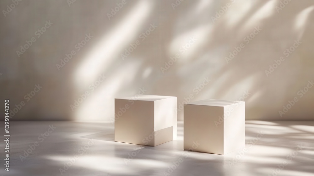 Aufkleber abstract white background featuring three differently sized cubes casting shadows, ideal for cosmeti