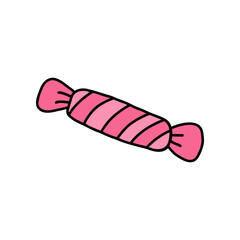 Candy with swirl line design on packaging isolated on white background in doodle style. Drawn cute candy, Valentine for Valentines Day. Ideal candy, Valentine for expressing love and sweet moments.