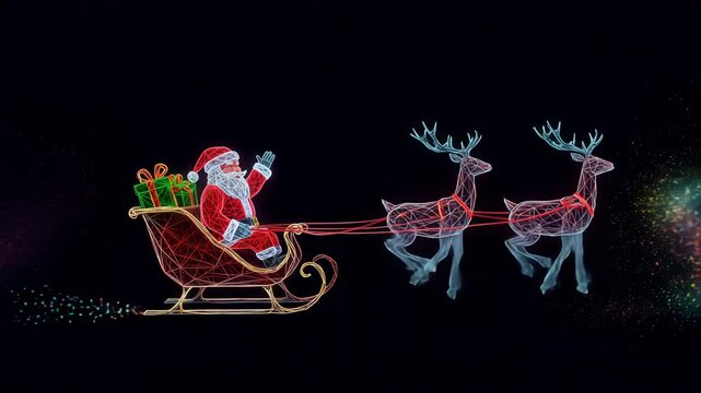 AI Generated Animation Abstract Polygonal Neon Style  Santa Claus Sleigh With Reindeer