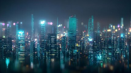 Futuristic City Skyline At Night With Neon Lights