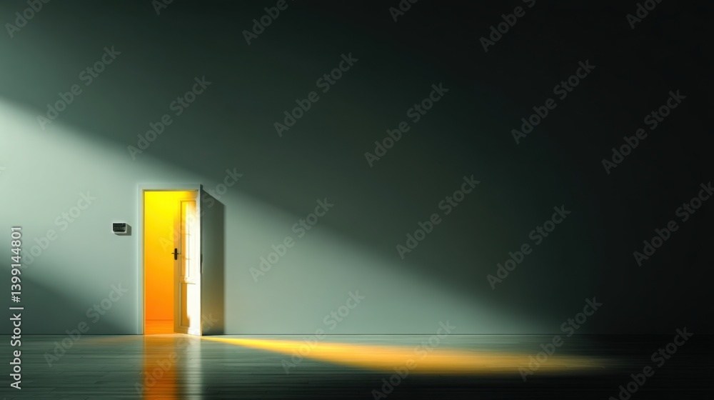 Poster a door in a dark room floating above the ground with a mysterious glow creating an enigmatic and dre
